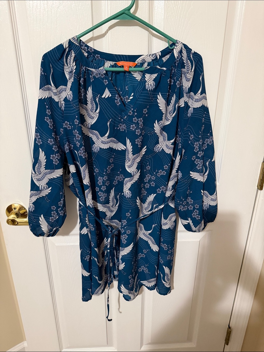Modcloth Teal Blue Crane-Print Peasant Tunic Dress